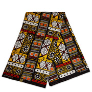 6 Yards - Rot Gelb Bogolan / Lehmstoff - Afrikanischer Druckstoff / Tuch (Traditionelles Mali)